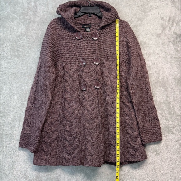 BCBG MaxAzria Plum Wool Blend Hooded Button Chunky Fisherman Sweater Size XL - Picture 3 of 7